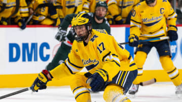 DETROIT, MI - FEBRUARY 17: Johnny Beecher #17 of the Michigan Wolverines follows the play against the Michigan State Spartans during the first period of the annual NCAA hockey game, Duel in the D at Little Caesars Arena on February 17, 2020 in Detroit, Michigan. (Photo by Dave Reginek/Getty Images)