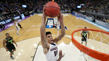 SALT LAKE CITY, UTAH - MARCH 23: Brandon Clarke #15 of the Gonzaga Bulldogs dunks the ball aginst Mario Kegler #4 of the Baylor Bears in the second half of the Second Round of the NCAA Basketball Tournament at Vivint Smart Home Arena on March 23, 2019 in Salt Lake City, Utah. (Photo by Tom Pennington/Getty Images)