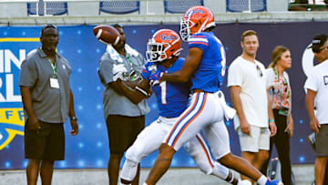 ORLANDO, FL - AUGUST 24: Kadarius Toney #1 of the Florida Gators scores a touchdown in the first half against the Miami Hurricanes in the Camping World Kickoff at Camping World Stadium on August 24, 2019 in Orlando, Florida.(Photo by Mark Brown/Getty Images)