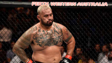 PERTH, AUSTRALIA - FEBRUARY 11: Mark Hunt of New Zealand takes a breath after facing Curtis Blaydes in their heavyweight bout during the UFC 221 event at Perth Arena on February 11, 2018 in Perth, Australia. (Photo by Jeff Bottari/Zuffa LLC/Zuffa LLC via Getty Images)