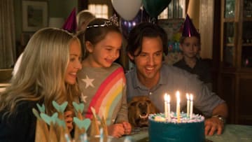 L-R: Amanda Seyfried, Ryan Kiera Armstrong, “Enzo” and Milo Ventimiglia in Twentieth Century Fox’s, THE ART OF RACING IN THE RAIN