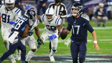 Nov 12, 2020; Nashville, Tennessee, USA; Tennessee Titans quarterback Ryan Tannehill (17) runs for a short gain during the second half against the Indianapolis Colts at Nissan Stadium. Mandatory Credit: Christopher Hanewinckel-USA TODAY Sports