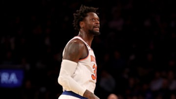 NEW YORK, NEW YORK - JANUARY 24: Julius Randle #30 of the New York Knicks celebrates his three point shot in the third quarter against the Cleveland Cavaliers at Madison Square Garden on January 24, 2023 in New York City. NOTE TO USER: User expressly acknowledges and agrees that, by downloading and or using this photograph, User is consenting to the terms and conditions of the Getty Images License Agreement. (Photo by Elsa/Getty Images)