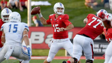 MUNCIE, IN - AUGUST 30: Riley Neal #15 of the Ball State Cardinals passes the ball during the game against the Central Connecticut State Blue Devils on August 30, 2018 in Muncie, Indiana. (Photo by Bobby Ellis/Getty Images)