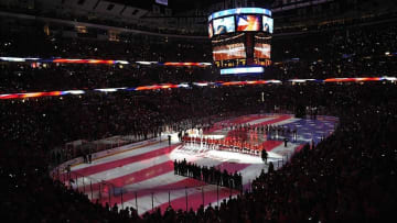 Oct 1, 2013; Chicago, IL, USA; A general view during the playing of the national anthem before the game between the Washington Capitals and Chicago Blackhawks at the United Center. Mandatory Credit: Rob Grabowski-USA TODAY Sports