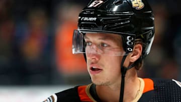 ANAHEIM, CA - OCTOBER 10: Rickard Rakell #67 of the Anaheim Ducks skates in warm-ups prior to the game against the Arizona Coyotes on October 10, 2018 at Honda Center in Anaheim, California. (Photo by Debora Robinson/NHLI via Getty Images)