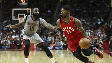 Nov 23, 2016; Houston, TX, USA; Toronto Raptors forward Terrence Ross (31) dribbles the ball as Houston Rockets guard James Harden (13) defends during the third quarter at Toyota Center. Mandatory Credit: Troy Taormina-USA TODAY Sports