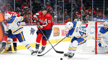 Sep 24, 2023; Washington, District of Columbia, USA; Washington Capitals forward Sonny Milano (15) and Buffalo Sabres forward Tyson Kozak (48) battle for the puck during the third period at Capital One Arena. Mandatory Credit: Amber Searls-USA TODAY Sports