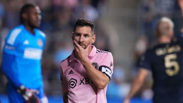 CHESTER, PENNSYLVANIA - AUGUST 15: Lionel Messi #10 of Inter Miami CF looks on against the Philadelphia Union during the Leagues Cup 2023 semifinals match at Subaru Park on August 15, 2023 in Chester, Pennsylvania. (Photo by Mitchell Leff/Getty Images)
