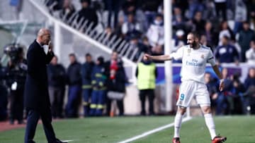 NICOSIA, CYPRUS - NOVEMBER 21: Karim Benzema and Zinedine Zidane of Real Madrid CF celebrate after scoring during the UEFA Champions League group H match between APOEL Nikosia and Real Madrid at GSP Stadium on November 21, 2017 in Nicosia, Cyprus. (Photo by Helios de la Rubia/Real Madrid via Getty Images)