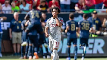 ANN ARBOR, MI - JULY 28: Mohamed Salah #11 of Liverpool reacts after Manchester United scored during first half of the International Champions Cup 2018 at Michigan Stadium on July 28, 2018 in Ann Arbor, Michigan. (Photo by Jason Miller/Getty Images)