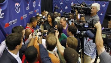 Sep 29, 2014; Washington, DC, USA; Washington Wizards guard Bradley Beal (3) speaks with the media during Wizards Media Day at Verizon Center. Mandatory Credit: Geoff Burke-USA TODAY Sports