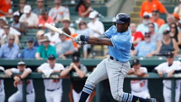SARASOTA, FL - FEBRUARY 23: Justin Williams #71 of the Tampa Bay Rays bats during a Grapefruit League spring training game against the Baltimore Orioles at Ed Smith Stadium on February 23, 2018 in Sarasota, Florida. The Rays won 6-3. (Photo by Joe Robbins/Getty Images)
