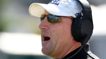 LAWRENCE, KS - OCTOBER 7: David Beaty directs his team during a game against the Texas Tech Red Raiders in the second quarter at Memorial Stadium on October 7, 2017 in Lawrence, Kansas. (Photo by Ed Zurga/Getty Images)