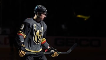 LAS VEGAS, NV - DECEMBER 23: Reilly Smith #19 of the Vegas Golden Knights looks prior to the game against the Washington Capitals at at T-Mobile Arena on December 23, 2017 in Las Vegas, Nevada. (Photo by David Becker/NHLI via Getty Images)