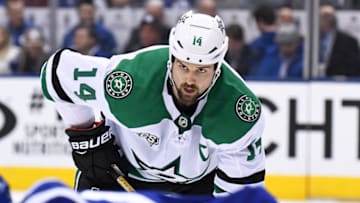 TORONTO, ON - MARCH 14: Dallas Stars Left Wing Jamie Benn (14) in the face off circle during the regular season NHL game between the Dallas Stars and Toronto Maple Leafs on March 14, 2018 at Air Canada Centre in Toronto, ON. (Photo by Gerry Angus/Icon Sportswire via Getty Images)