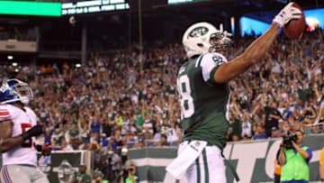 Aug 22, 2014; East Rutherford, NJ, USA; New York Jets tight end Jace Amaro (88) celebrates scoring a touchdown against the New York Giants during the second quarter at MetLife Stadium. Mandatory Credit: Adam Hunger-USA TODAY Sports