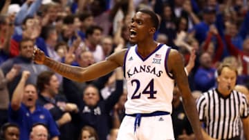 LAWRENCE, KANSAS - DECEMBER 01: Lagerald Vick #24 of the Kansas Jayhawks celebrates after making a three-pointer during the game against the Stanford Cardinal at Allen Fieldhouse on December 01, 2018 in Lawrence, Kansas. (Photo by Jamie Squire/Getty Images)