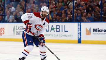 Mar 31, 2016; Tampa, FL, USA; Montreal Canadiens defenseman Andrei Markov (79) skates with the puck against the Tampa Bay Lightning during the first period at Amalie Arena. Mandatory Credit: Kim Klement-USA TODAY Sports
