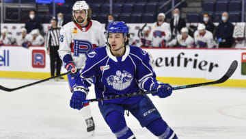 LAVAL, QC - JANUARY 12: Alex Barre-Boulet #12 of the Syracuse Crunch skates against the Laval Rocket during the third period at Place Bell on January 12, 2022 in Laval, Canada. The the Laval Rocket defeated the Syracuse Crunch 3-2. (Photo by Minas Panagiotakis/Getty Images)