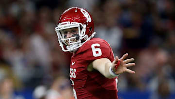 NEW ORLEANS, LA - JANUARY 02: Baker Mayfield #6 of the Oklahoma Sooners reacts after a touchdown against the Auburn Tigers during the Allstate Sugar Bowl at the Mercedes-Benz Superdome on January 2, 2017 in New Orleans, Louisiana. (Photo by Jonathan Bachman/Getty Images)
