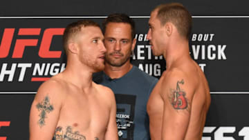 LINCOLN, NE - AUGUST 24: (L-R) Opponents Justin Gaethje and James Vick face off during the UFC weigh-in on August 24, 2018 in Lincoln, Nebraska. (Photo by Josh Hedges/Zuffa LLC/Zuffa LLC via Getty Images)