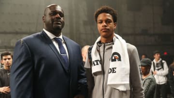 STUDIO CITY, CA - JANUARY 25: Shaquille O'Neal (L) poses with his son Shareef O'Neal (R) at the Jordan Brand Future of Flight Showcase on January 25, 2018 in Studio City, California. (Photo by Cassy Athena/Getty Images)