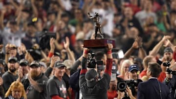 LOS ANGELES, CA - OCTOBER 28: Steve Pearce #25 of the Boston Red Sox is awarded the MVP after defeating the Los Angeles Dodgers 5-1 in Game Five of the 2018 World Series at Dodger Stadium on October 28, 2018 in Los Angeles, California. (Photo by Kevork Djansezian/Getty Images)