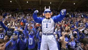 DURHAM, NORTH CAROLINA - MARCH 07: The Duke Blue Devils mascot performs during the first half of their game against the North Carolina Tar Heels at Cameron Indoor Stadium on March 07, 2020 in Durham, North Carolina. (Photo by Grant Halverson/Getty Images)