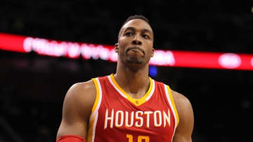 Jan 14, 2015; Orlando, FL, USA; Houston Rockets center Dwight Howard (12) reacts during the fourth quarter at Amway Center. Orlando Magic defeated the Houston Rockets 120-113. Mandatory Credit: Kim Klement-USA TODAY Sports