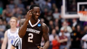 DAYTON, OH - MARCH 13: Matt Mobley #2 of the St. Bonaventure Bonnies celebrates his teams lead late in the game against the UCLA Bruins during the second half of the First Four game in the 2018 NCAA Men's Basketball Tournament at UD Arena on March 13, 2018 in Dayton, Ohio. The St. Bonaventure Bonnies defeated the UCLA Bruins 65-58. (Photo by Joe Robbins/Getty Images)