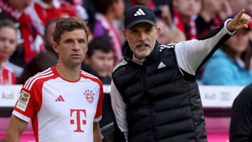 MUNICH, GERMANY - SEPTEMBER 23: Thomas Tuchel, head coach of FC Bayern München talks to his player Thomas Müller during the Bundesliga match between FC Bayern München and VfL Bochum 1848 at Allianz Arena on September 23, 2023 in Munich, Germany. (Photo by Alexander Hassenstein/Getty Images)