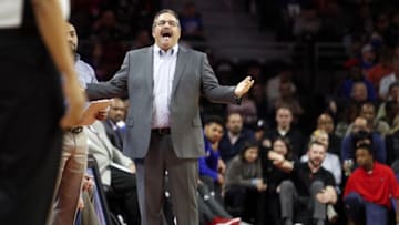 Nov 14, 2016; Auburn Hills, MI, USA; Detroit Pistons head coach Stan Van Gundy yells at a referee during the second quarter against the Oklahoma City Thunder at The Palace of Auburn Hills. Mandatory Credit: Raj Mehta-USA TODAY Sports