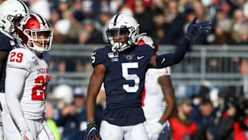 Nov 16, 2019; University Park, PA, USA; Penn State Nittany Lions wide receiver Jahan Dotson (5) signals a first down during the second quarter against the Indiana Hoosiers at Beaver Stadium. Penn State defeated Indiana 34-27. Mandatory Credit: Matthew O'Haren-USA TODAY Sports