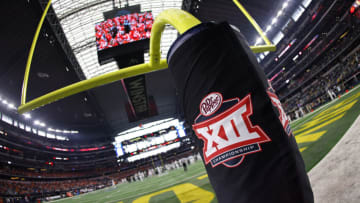 ARLINGTON, TX - DECEMBER 4: The Big 12 logo is seen on a goal post before the game between the Oklahoma State Cowboys and the Baylor Bears in the Big 12 Football Championship at AT&T Stadium on December 4, 2021 in Arlington, Texas. Baylor won 21-16.(Photo by Ron Jenkins/Getty Images)