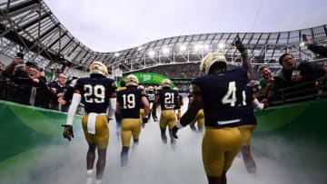 DUBLIN, IRELAND - AUGUST 26: Notre Dame take to the field during the Aer Lingus College Football Classic game between Notre Dame and Navy at Aviva Stadium on August 26, 2023 in Dublin, Ireland. (Photo by Charles McQuillan/Getty Images)