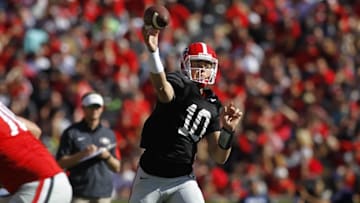 Apr 16, 2016; Athens, GA, USA; Georgia Bulldogs quarterback Jacob Eason (10) throws a pass during the first half of the spring game at Sanford Stadium. Mandatory Credit: Brett Davis-USA TODAY Sports