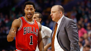 Nov 28, 2014; Boston, MA, USA; Chicago Bulls guard Derrick Rose (1) talks with Chicago Bulls head coach Tom Thibodeau during the second half of the Chicago Bulls 109-102 win over the Boston Celtics at TD Garden. Mandatory Credit: Winslow Townson-USA TODAY Sports