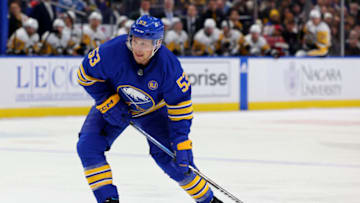Nov 24, 2023; Buffalo, New York, USA; Buffalo Sabres left wing Jeff Skinner (53) takes a shot on goal during the second period against the Pittsburgh Penguins at KeyBank Center. Mandatory Credit: Timothy T. Ludwig-USA TODAY Sports