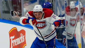May 20, 2021; Toronto, Ontario, CAN; Montreal Canadiens forward Artturi Lehkonen (62) hits Toronto Maple Leafs forward Riley Nash (20) during the first period of game one of the first round of the 2021 Stanley Cup Playoffs at Scotiabank Arena. Mandatory Credit: John E. Sokolowski-USA TODAY Sports
