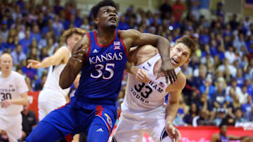 LAHAINA, HI - NOVEMBER 26: Udoka Azubuike #35 of the Kansas Jayhawks ad Dalton Nixon #33 of the BYU Cougars battle for position under the basket during the second half at the Lahaina Civic Center on November 26, 2019 in Lahaina, Hawaii. (Photo by Darryl Oumi/Getty Images)