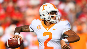 ATHENS, GA - SEPTEMBER 29: Jarrett Guarantano #2 of the Tennessee Volunteers passes against the Georgia Bulldogs on September 29, 2018 at Sanford Stadium in Athens, Georgia. (Photo by Scott Cunningham/Getty Images)