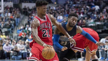 Dec 3, 2016; Dallas, TX, USA; Chicago Bulls forward Jimmy Butler (21) drives to the basket past Dallas Mavericks guard Wesley Matthews (23) during the second quarter at the American Airlines Center. Mandatory Credit: Jerome Miron-USA TODAY Sports