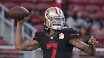 October 6, 2016; Santa Clara, CA, USA; San Francisco 49ers quarterback Colin Kaepernick (7) passes the football before the game against the Arizona Cardinals at Levi