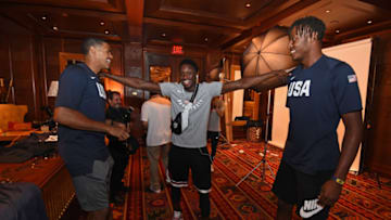 LAS VEGAS, NV - JULY 25: Tobias Harris, Victor Oladipo and Myles Turner talk after a team meeting at USAB Minicamp in Las Vegas, Nevada at the Wynn Las Vegas on July 25, 2018. NOTE TO USER: User expressly acknowledges and agrees that, by downloading and/or using this photograph, user is consenting to the terms and conditions of the Getty Images License Agreement. Mandatory Copyright Notice: Copyright 2018 NBAE (Photo by Adam Pantozzi/NBAE via Getty Images)