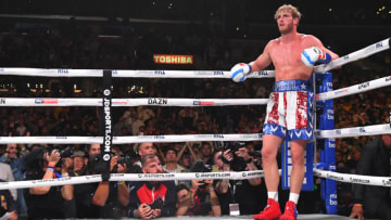 LOS ANGELES, CA - NOVEMBER 09: Logan Paul (red/white/blue shorts) waits in a neutral corner after he knocked down KSI (black/red) during their pro debut fight at Staples Center on November 9, 2019 in Los Angeles, California. KSI won by decision. (Photo by Jayne Kamin-Oncea/Getty Images)