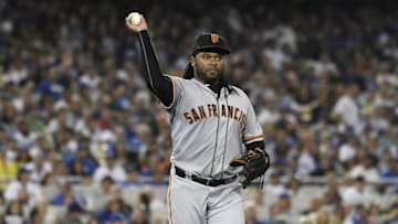 Aug 24, 2016; Los Angeles, CA, USA;San Francisco Giants starting pitcher Johnny Cueto (47) throws to first base to retire Los Angeles Dodgers second baseman Chase Utley (not pictured) in the sixth inning at Dodger Stadium. Mandatory Credit: Richard Mackson-USA TODAY Sports