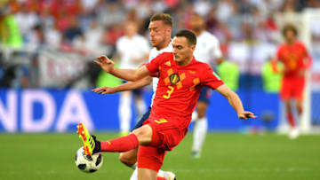 KALININGRAD, RUSSIA - JUNE 28: Jamie Vardy of England is challenged by Thomas Vermaelen of Belgium during the 2018 FIFA World Cup Russia group G match between England and Belgium at Kaliningrad Stadium on June 28, 2018 in Kaliningrad, Russia. (Photo by Dan Mullan/Getty Images)