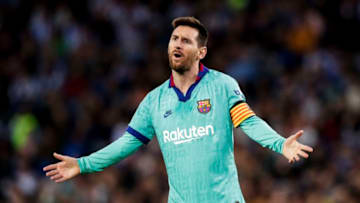 SAN SEBASTIAN, SPAIN - DECEMBER 14: Lionel Messi of FC Barcelona during the La Liga Santander match between Real Sociedad v FC Barcelona at the Estadio Anoeta on December 14, 2019 in San Sebastian Spain (Photo by David S. Bustamante/Soccrates/Getty Images)