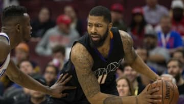 Jan 26, 2016; Philadelphia, PA, USA; Phoenix Suns forward Markieff Morris (11) looks for an opening past Philadelphia 76ers forward Jerami Grant (39) during the second half at Wells Fargo Center. The Philadelphia 76ers won 113-103. Mandatory Credit: Bill Streicher-USA TODAY Sports